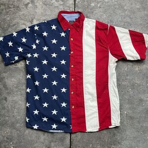 Cotton Traders Sport Vintage 90s USA American Flag Button Down Shirt Men's Large